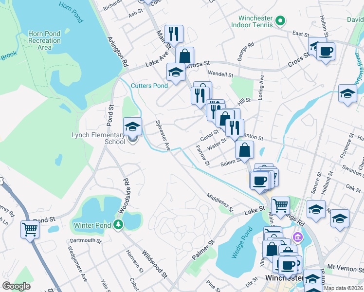 map of restaurants, bars, coffee shops, grocery stores, and more near 93 Canal Street in Winchester