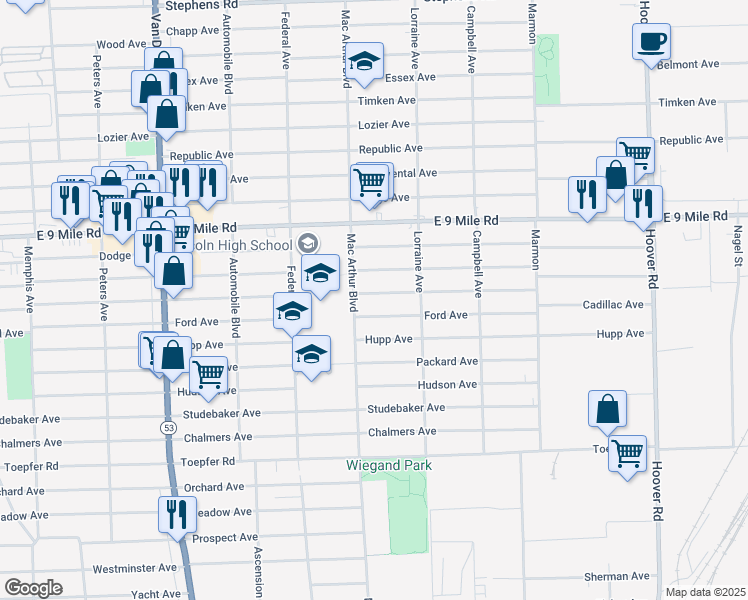 map of restaurants, bars, coffee shops, grocery stores, and more near 8645 Ford Avenue in Warren