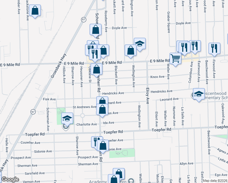 map of restaurants, bars, coffee shops, grocery stores, and more near 13676 Hendricks Avenue in Warren