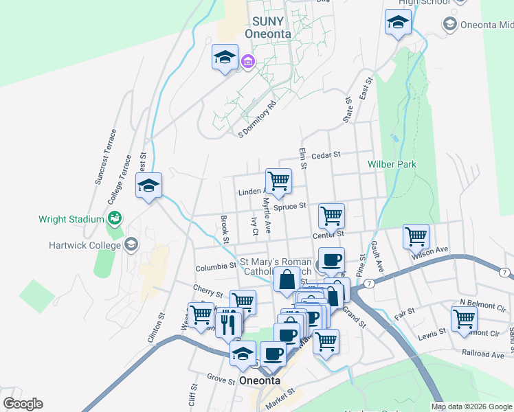 map of restaurants, bars, coffee shops, grocery stores, and more near 46 Spruce Street in Oneonta