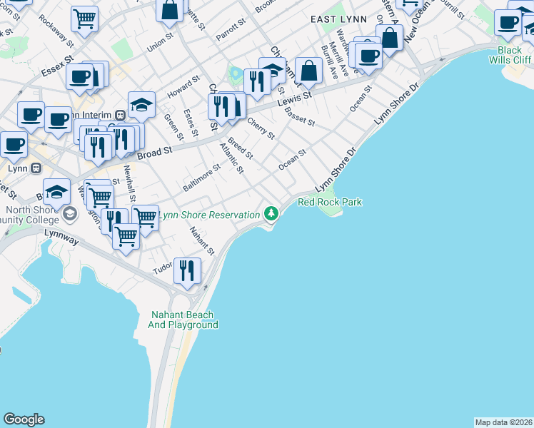 map of restaurants, bars, coffee shops, grocery stores, and more near in Lynn