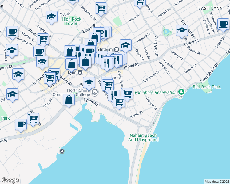 map of restaurants, bars, coffee shops, grocery stores, and more near 80 Sagamore Street in Lynn