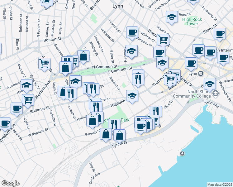 map of restaurants, bars, coffee shops, grocery stores, and more near 291 Summer Street in Lynn
