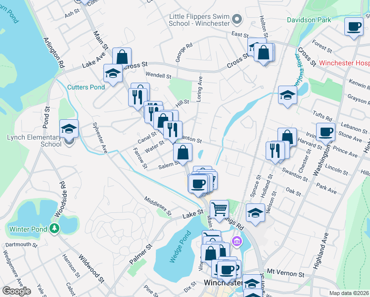 map of restaurants, bars, coffee shops, grocery stores, and more near 842 Main Street in Winchester