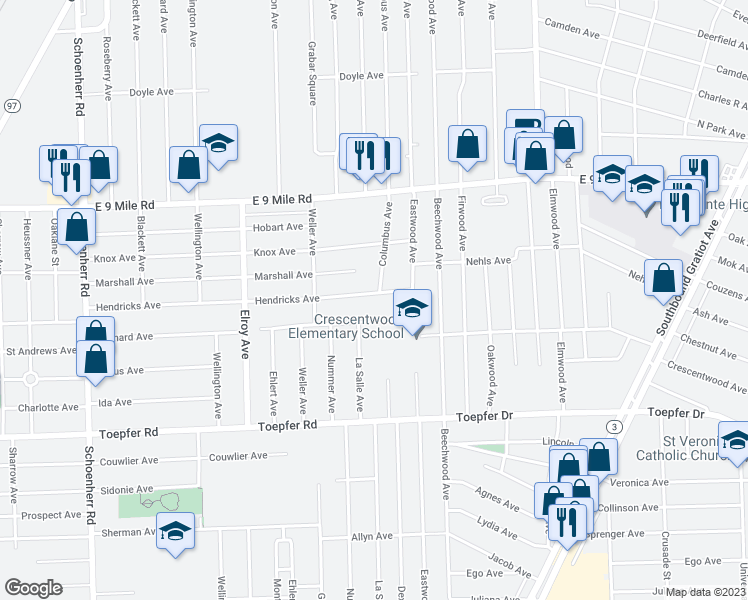 map of restaurants, bars, coffee shops, grocery stores, and more near 14428 Hendricks Avenue in Warren