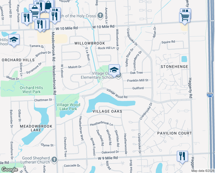 map of restaurants, bars, coffee shops, grocery stores, and more near 40652 Village Wood Road in Novi
