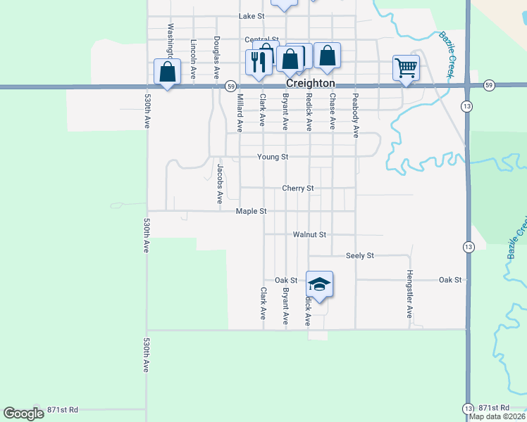 map of restaurants, bars, coffee shops, grocery stores, and more near 1300 Clark Avenue in Creighton