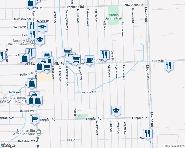 map of restaurants, bars, coffee shops, grocery stores, and more near 22554 Karam Court in Warren