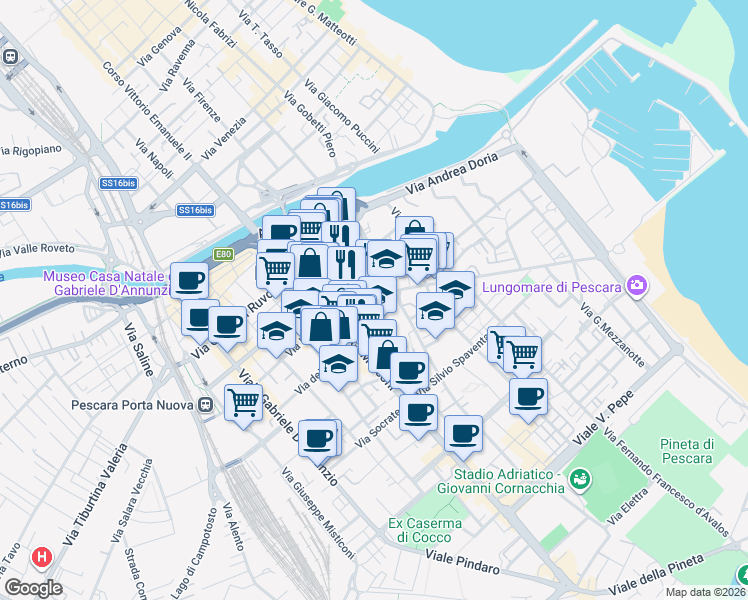 map of restaurants, bars, coffee shops, grocery stores, and more near 48 Viale Amerigo Vespucci in Pescara