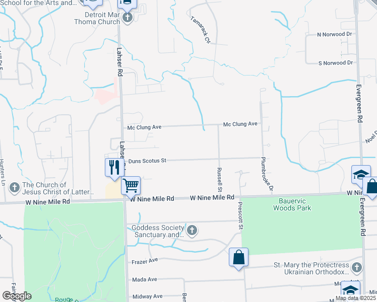 map of restaurants, bars, coffee shops, grocery stores, and more near 21450 Duns Scotus Street in Southfield