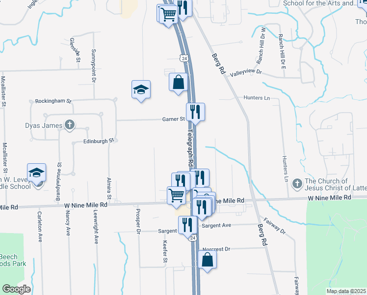 map of restaurants, bars, coffee shops, grocery stores, and more near 23391 Telegraph Road in Southfield