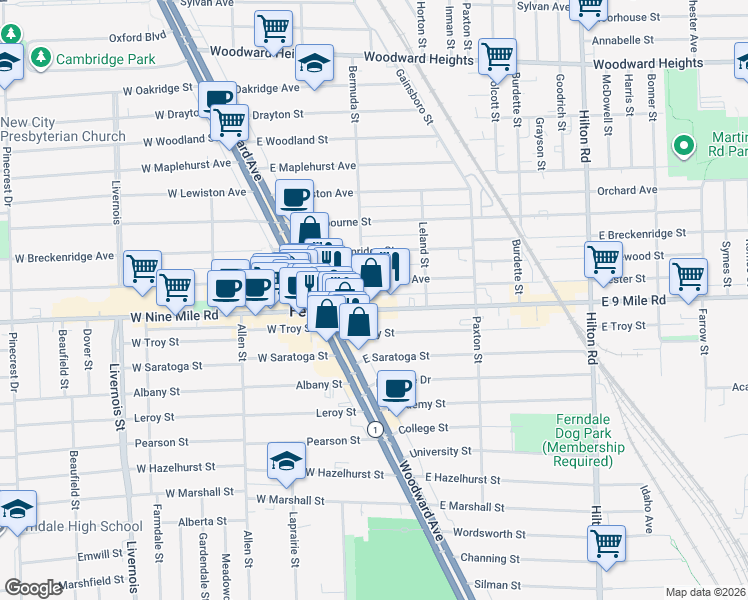 map of restaurants, bars, coffee shops, grocery stores, and more near in Ferndale