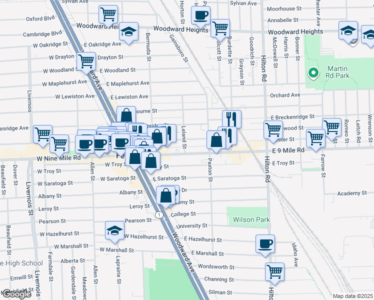 map of restaurants, bars, coffee shops, grocery stores, and more near 409 East 9 Mile Road in Ferndale