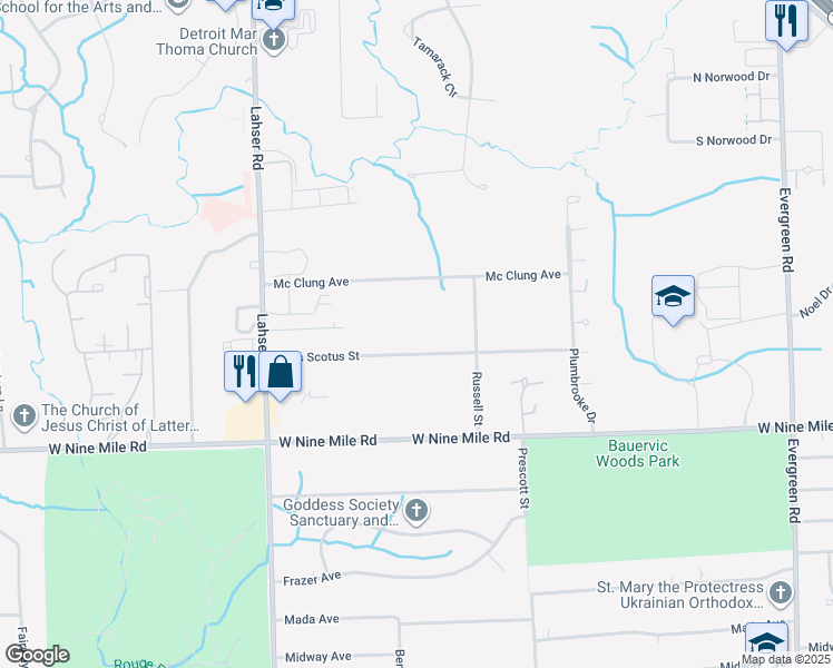 map of restaurants, bars, coffee shops, grocery stores, and more near 21450 Duns Scotus Street in Southfield