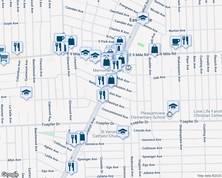 map of restaurants, bars, coffee shops, grocery stores, and more near 22150 Michigan 3 in Eastpointe