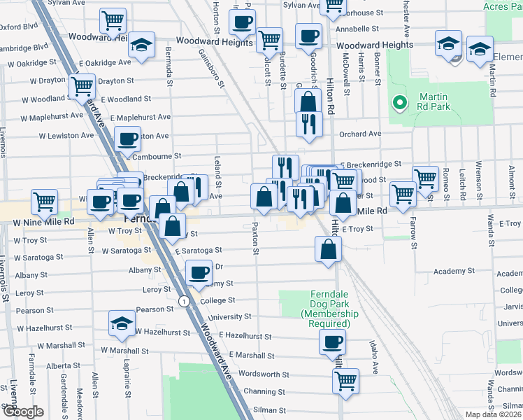 map of restaurants, bars, coffee shops, grocery stores, and more near 503 East 9 Mile Road in Ferndale