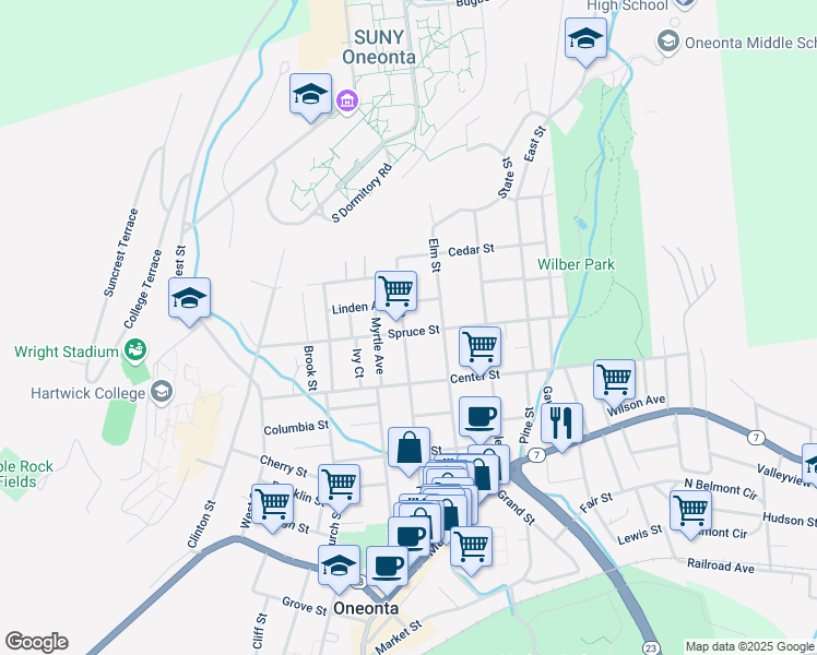 map of restaurants, bars, coffee shops, grocery stores, and more near 72 Spruce Street in Oneonta