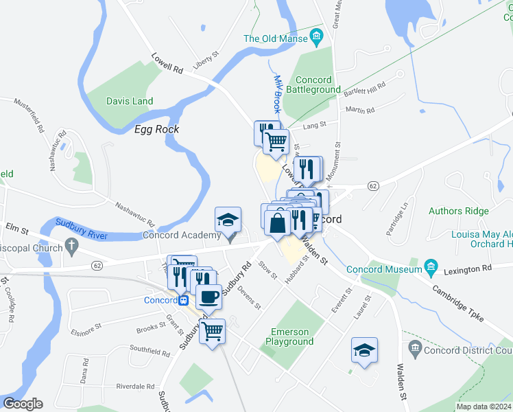 map of restaurants, bars, coffee shops, grocery stores, and more near 100 Keyes Road in Concord
