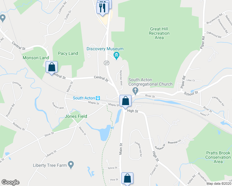 map of restaurants, bars, coffee shops, grocery stores, and more near 5 Railroad Street in Acton