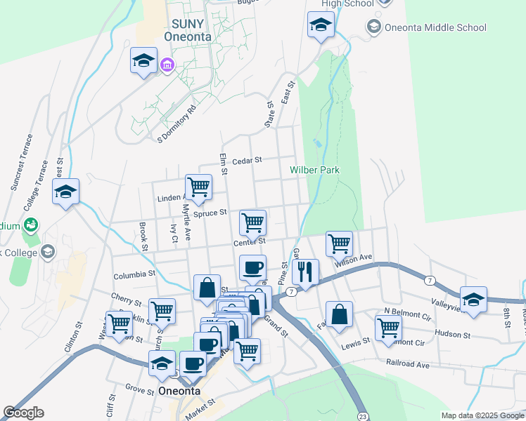 map of restaurants, bars, coffee shops, grocery stores, and more near 48 Maple Street in Oneonta
