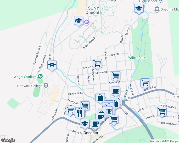 map of restaurants, bars, coffee shops, grocery stores, and more near 46 Spruce Street in Oneonta