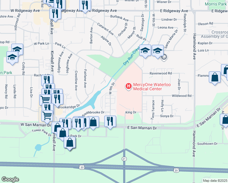 map of restaurants, bars, coffee shops, grocery stores, and more near 3719 West 9th Street in Waterloo