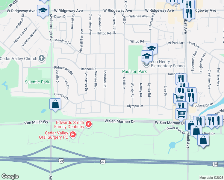 map of restaurants, bars, coffee shops, grocery stores, and more near 1419 Prospect Boulevard in Waterloo