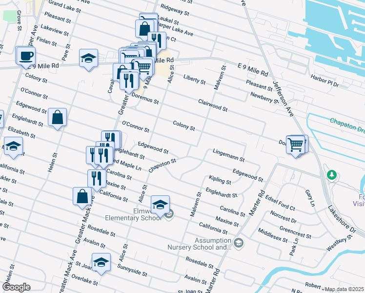 map of restaurants, bars, coffee shops, grocery stores, and more near 22801 Edgewood Street in St. Clair Shores