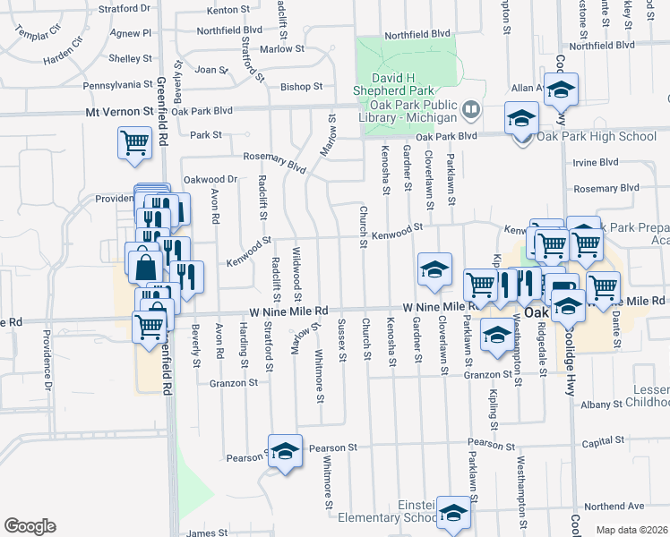 map of restaurants, bars, coffee shops, grocery stores, and more near 23065 Sussex Street in Oak Park