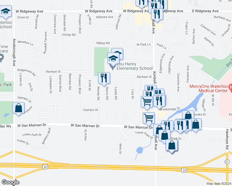 map of restaurants, bars, coffee shops, grocery stores, and more near 907 Lynda Road in Waterloo