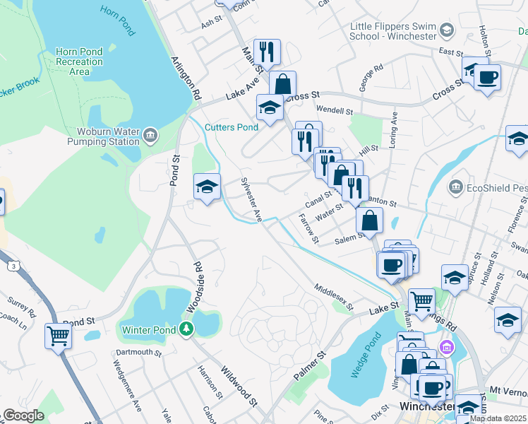 map of restaurants, bars, coffee shops, grocery stores, and more near 93 Canal Street in Winchester