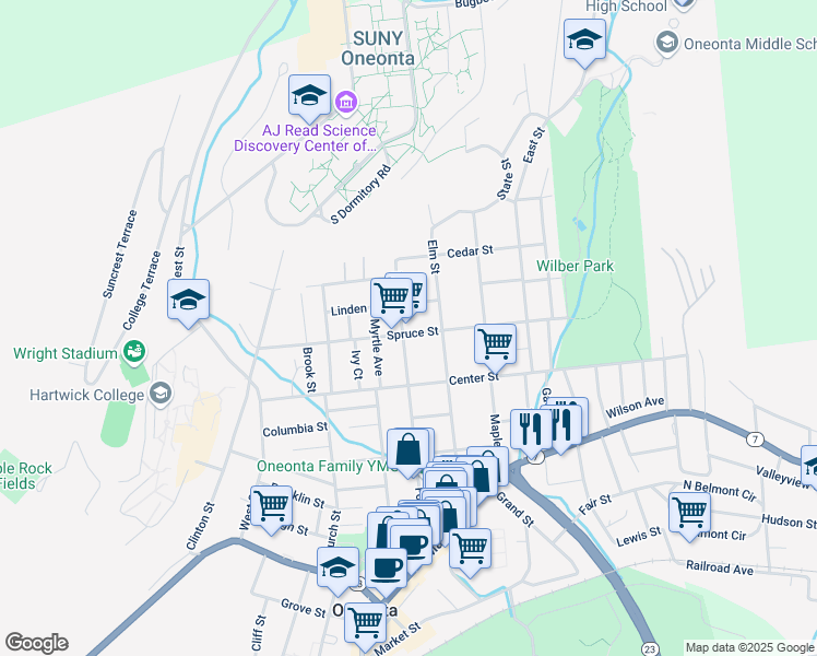 map of restaurants, bars, coffee shops, grocery stores, and more near 63 Spruce Street in Oneonta