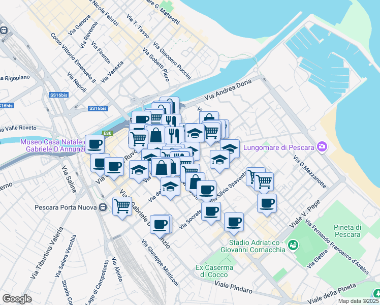map of restaurants, bars, coffee shops, grocery stores, and more near 48 Viale Amerigo Vespucci in Pescara