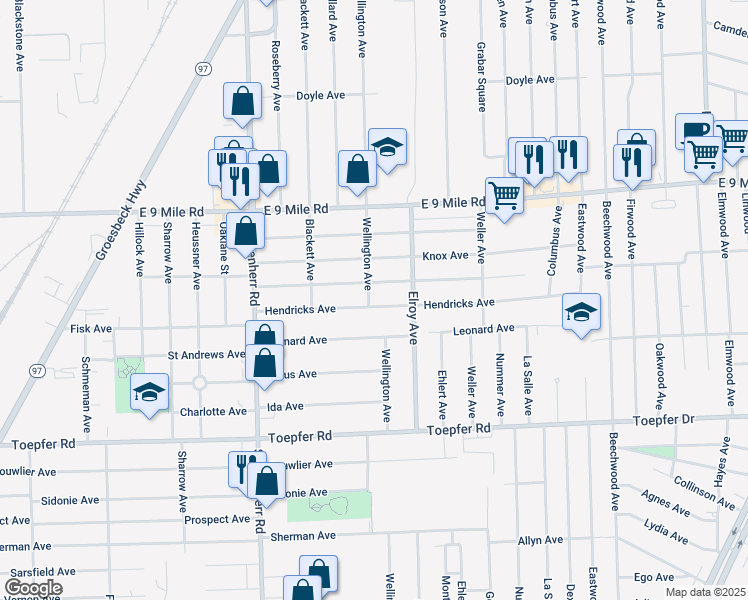 map of restaurants, bars, coffee shops, grocery stores, and more near 13876 Hendricks Avenue in Warren