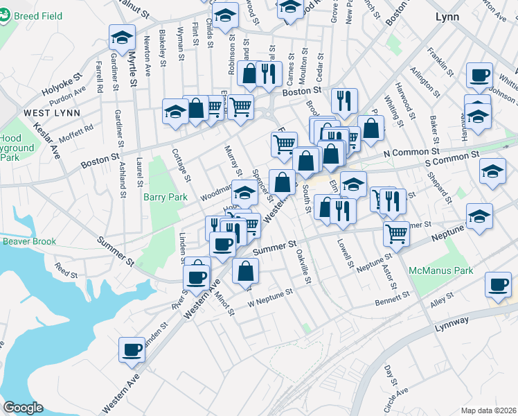 map of restaurants, bars, coffee shops, grocery stores, and more near 790 Western Avenue in Lynn