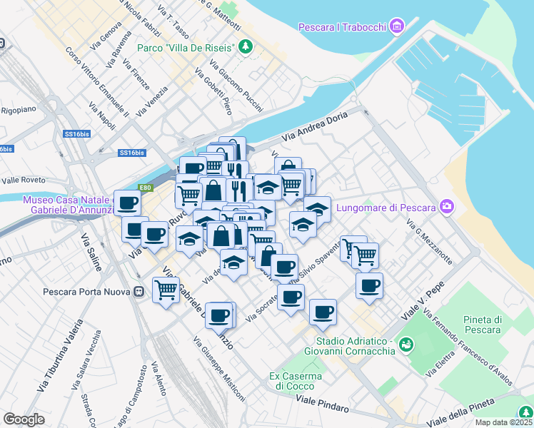 map of restaurants, bars, coffee shops, grocery stores, and more near 48 Viale Amerigo Vespucci in Pescara