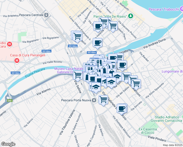 map of restaurants, bars, coffee shops, grocery stores, and more near 116 Corso Gabriele Manthone in Pescara