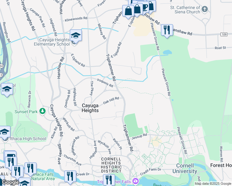 map of restaurants, bars, coffee shops, grocery stores, and more near 211 White Park Road in Ithaca