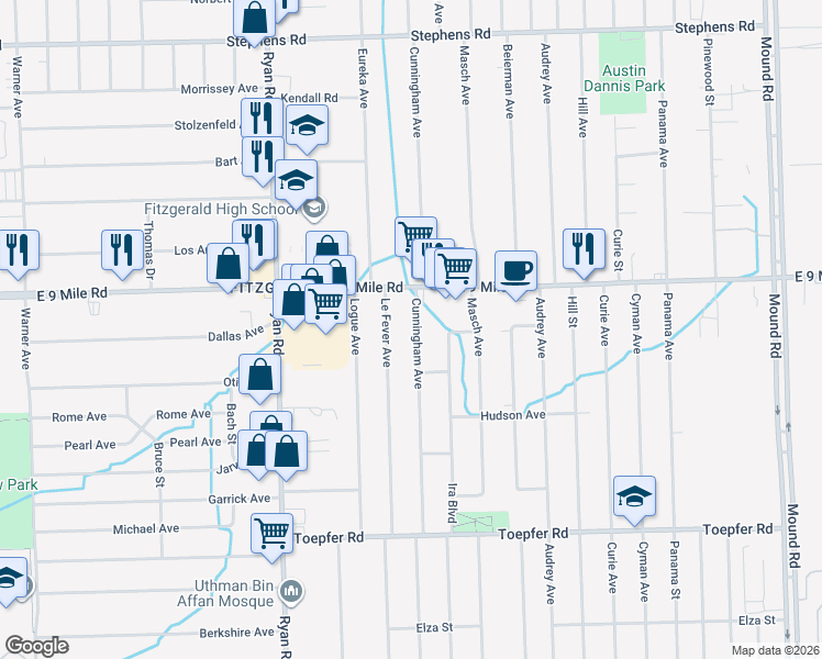 map of restaurants, bars, coffee shops, grocery stores, and more near 22627 Cunningham Avenue in Warren