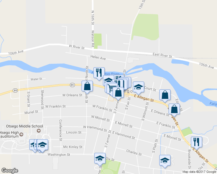 map of restaurants, bars, coffee shops, grocery stores, and more near 204 West Allegan Street in Otsego