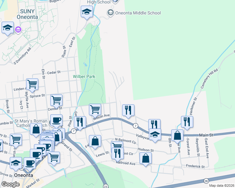 map of restaurants, bars, coffee shops, grocery stores, and more near 20 Gardner Place in Oneonta