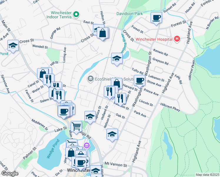 map of restaurants, bars, coffee shops, grocery stores, and more near Olive Street in Winchester