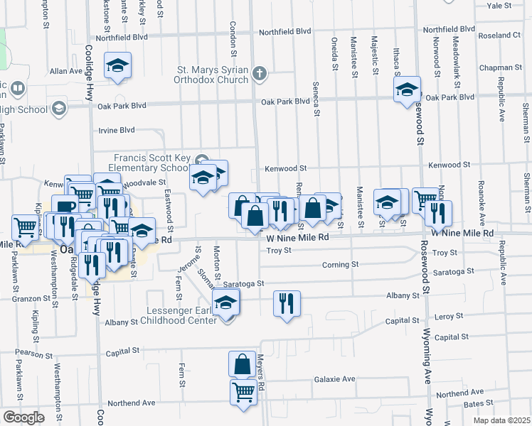 map of restaurants, bars, coffee shops, grocery stores, and more near 23040 Scotia Road in Oak Park