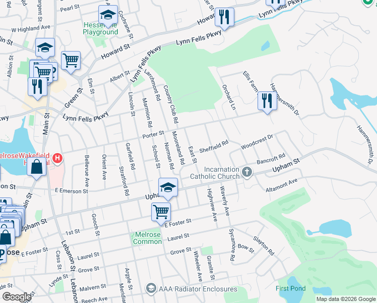 map of restaurants, bars, coffee shops, grocery stores, and more near 66 East Street in Melrose