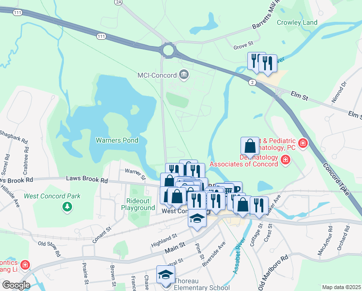 map of restaurants, bars, coffee shops, grocery stores, and more near 45 Winthrop Street in Concord