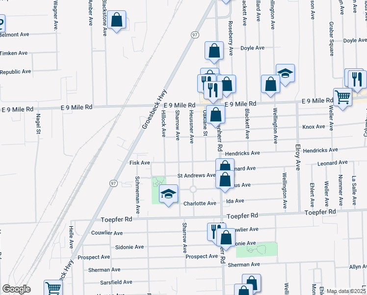 map of restaurants, bars, coffee shops, grocery stores, and more near 22445 Heussner Avenue in Warren