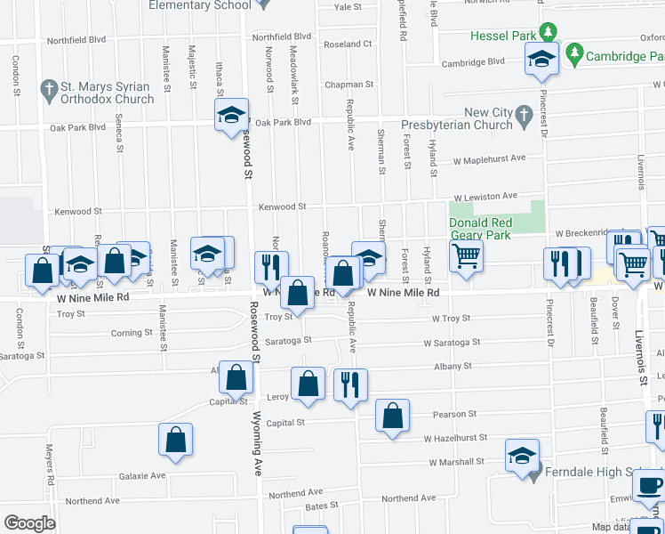 map of restaurants, bars, coffee shops, grocery stores, and more near 23060 Roanoke Avenue in Oak Park