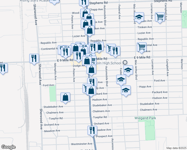 map of restaurants, bars, coffee shops, grocery stores, and more near 8027 Cadillac Avenue in Warren