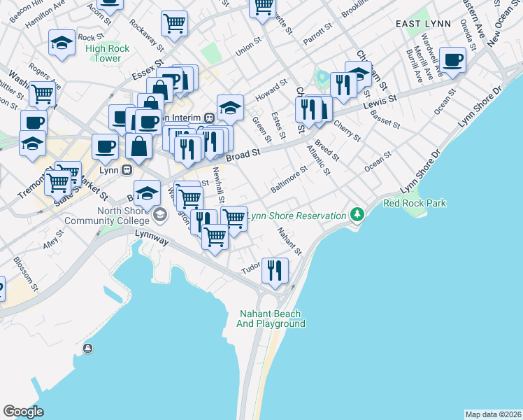map of restaurants, bars, coffee shops, grocery stores, and more near 95 Nahant Street in Lynn