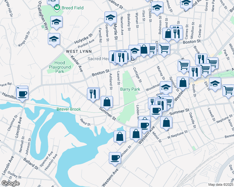 map of restaurants, bars, coffee shops, grocery stores, and more near 86 Laurel Street in Lynn
